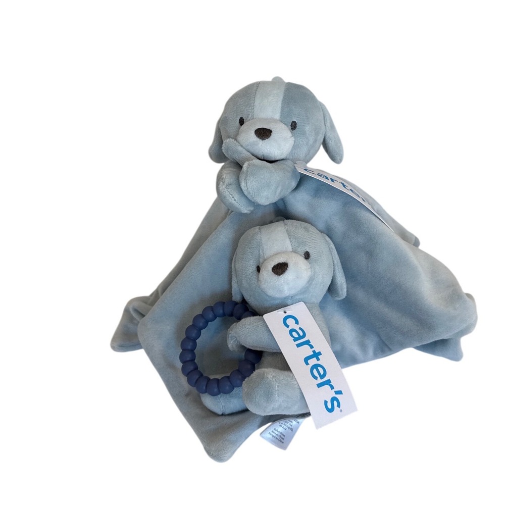 Carters Baby Puppy Dog Security Blanket Lovey and Plush Rattle Teether Set Blue